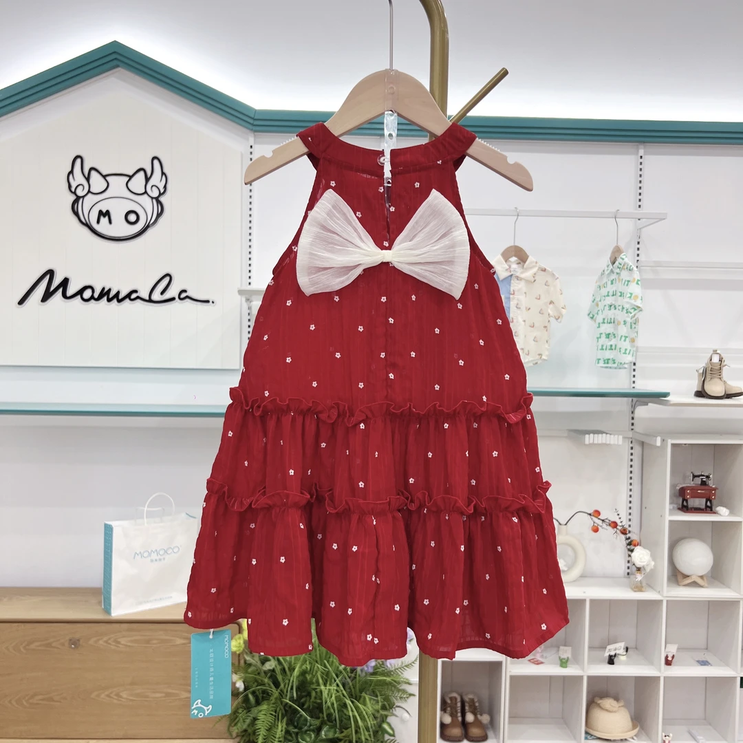 MOMOCO女童夏季时尚波点洋气可爱带蝴蝶结挂脖连衣裙77630470309