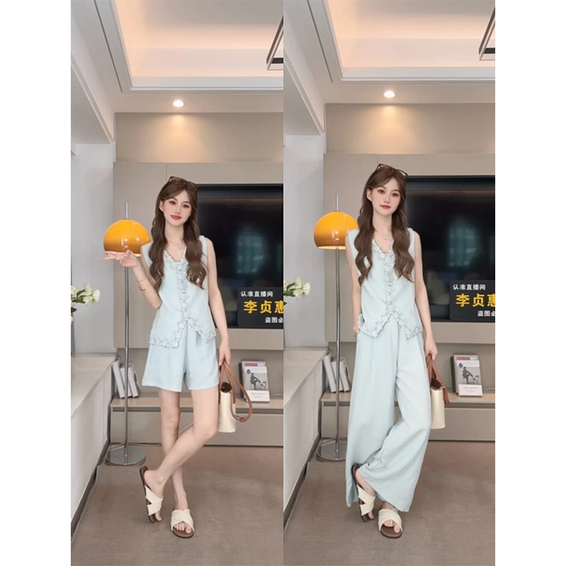 休闲蕾丝花边上衣+长裤套装YSQ3908