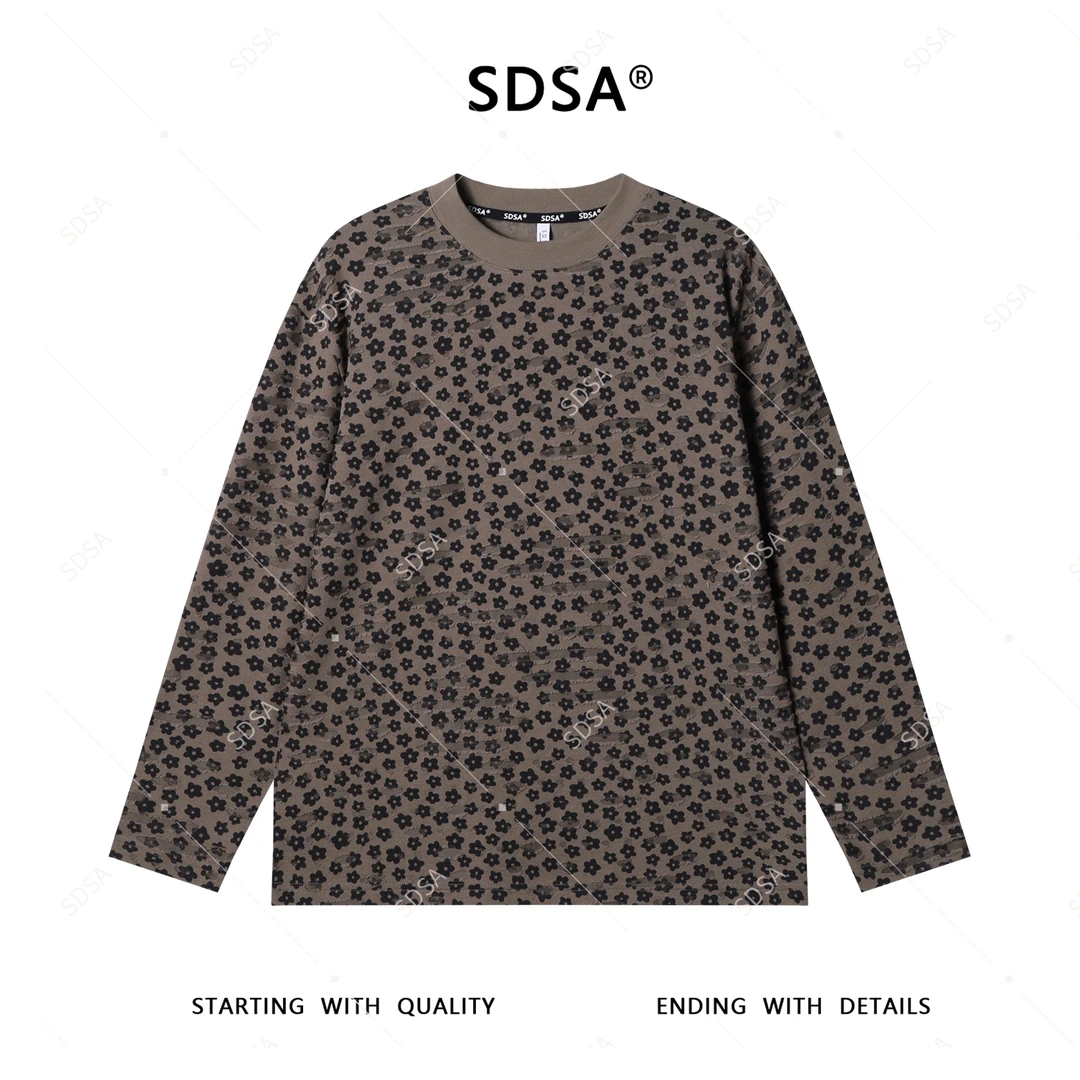 SDSA男士秋冬新款轻奢痞帅男装撞色满印花朵圆领长袖T恤潮牌时尚