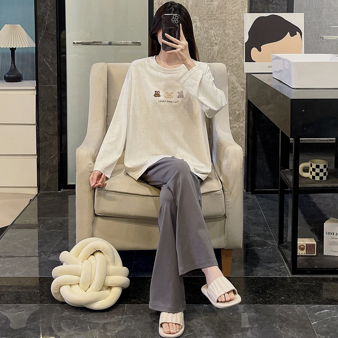 睡衣女春秋季纯棉长袖可外穿2025新款全棉大码冬天兔耳套装家居服