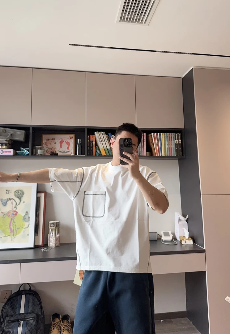 宽松百搭短袖蝙蝠袖口袋撞色380克纯棉短袖1054