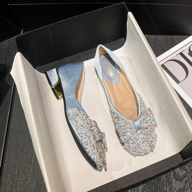 水钻女鞋平底浅口妈妈鞋高跟方头蝴蝶结单鞋气质中跟时尚百搭