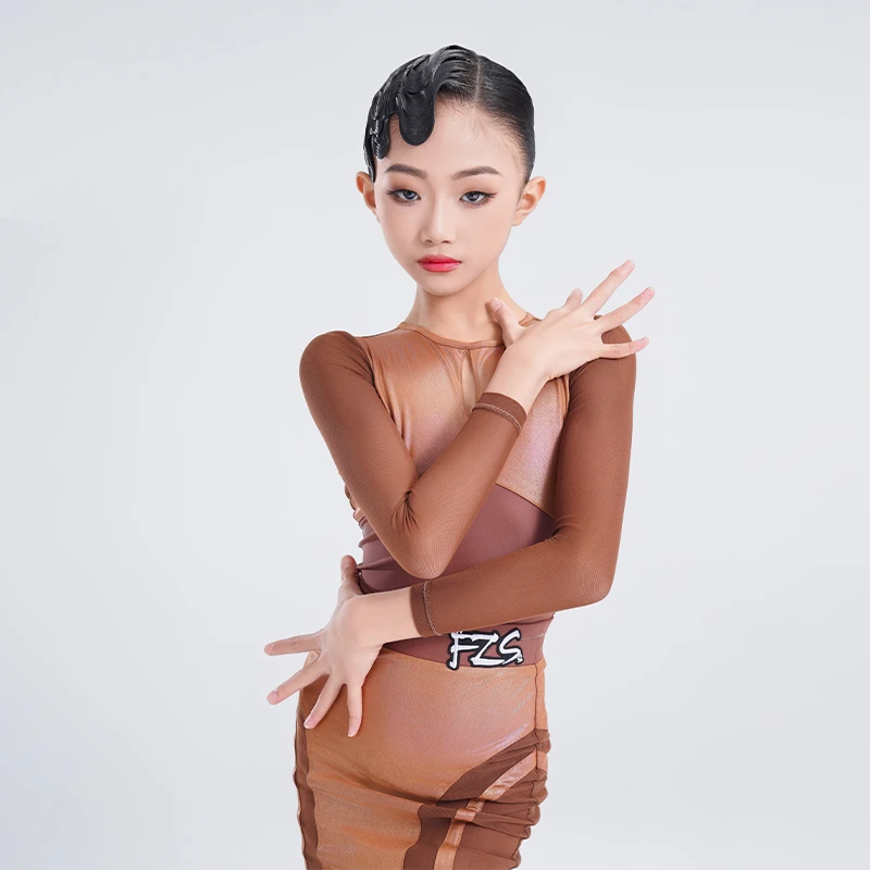 FZS DANCE 2025新款L281 咖色亮皮点睛拼接拉丁练功服