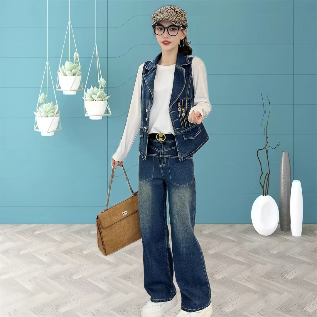 牛仔三件套女2025秋季新款高档时尚洋气减龄宽松显瘦牛仔马甲套装