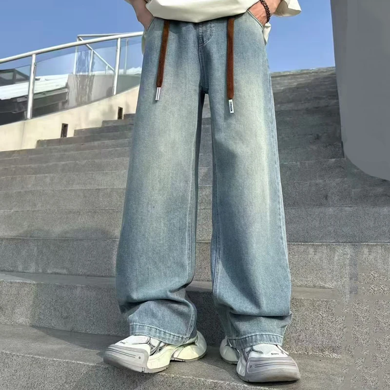 BG61春季水洗复古浅蓝港风宽松中性青少年简约薄牛仔直筒长裤