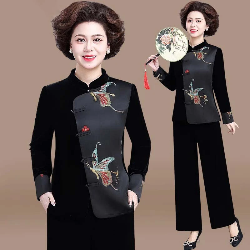 妈妈过年衣服洋气金丝绒套装中老年女装春秋装外套新中式唐装上衣