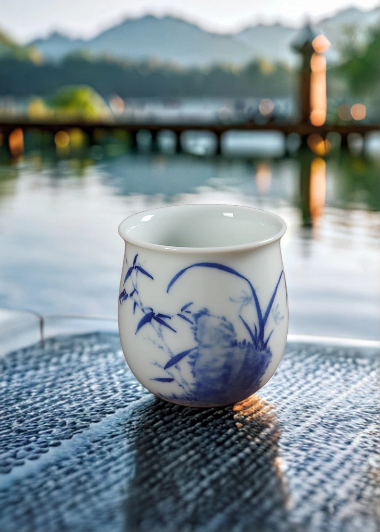 柴窑青花兰花福袋杯陶瓷功夫茶杯