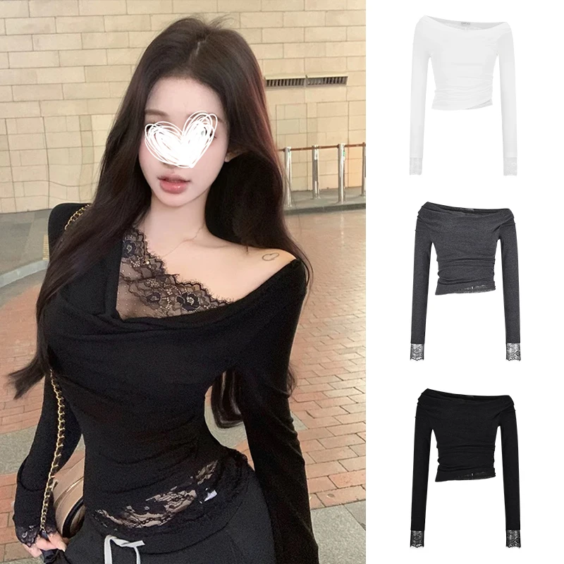 Moses Queen/魔西女王黑色蕾丝花边荡领长袖t恤纯欲斜肩内搭上衣