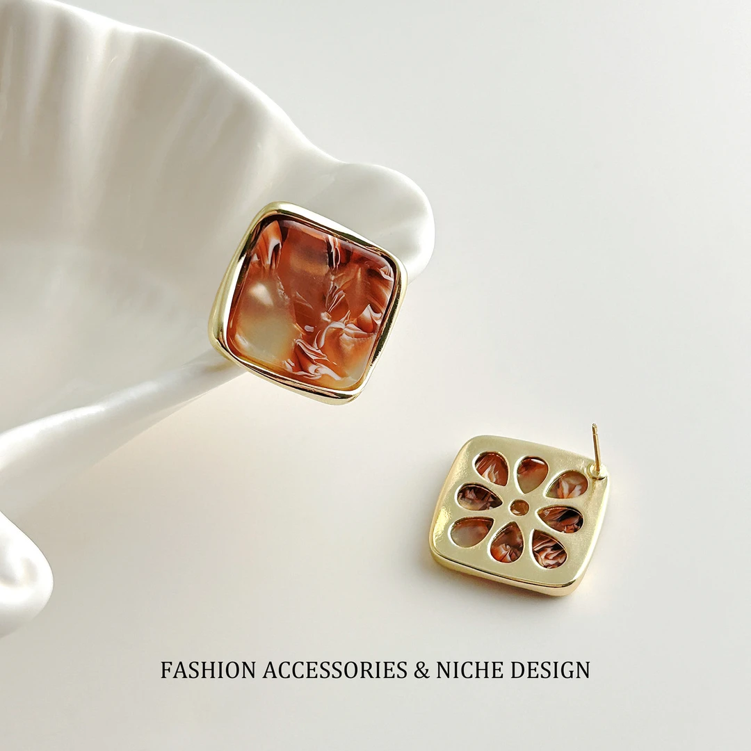 合金树脂耳饰 美拉德复古混彩色方块方形耳钉高级感小众设计独特