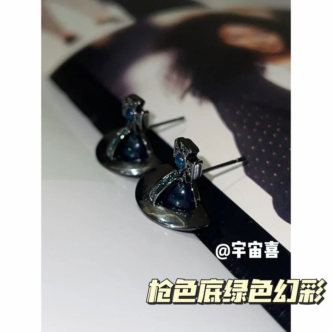 铜合金锆石耳饰  Q4-058【枪色半立体orb幻彩绿色耳钉】