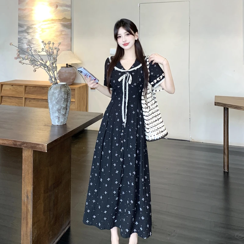 大码微胖法式蕾丝连衣裙女装夏季梨形身材碎花裙胖MM遮肚显瘦裙子