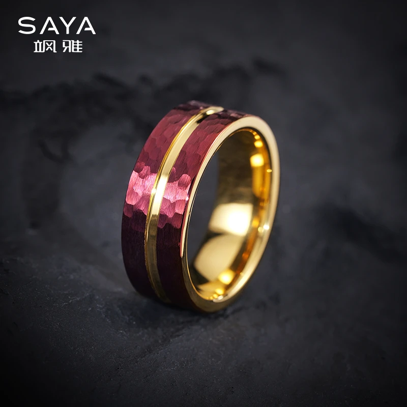 飒雅 钨合金戒指 日韩金色红色指环男士锤纹圈戒首饰情侣彩色j378
