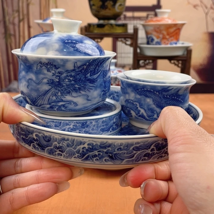 陶摆件青花龙吸水五件套