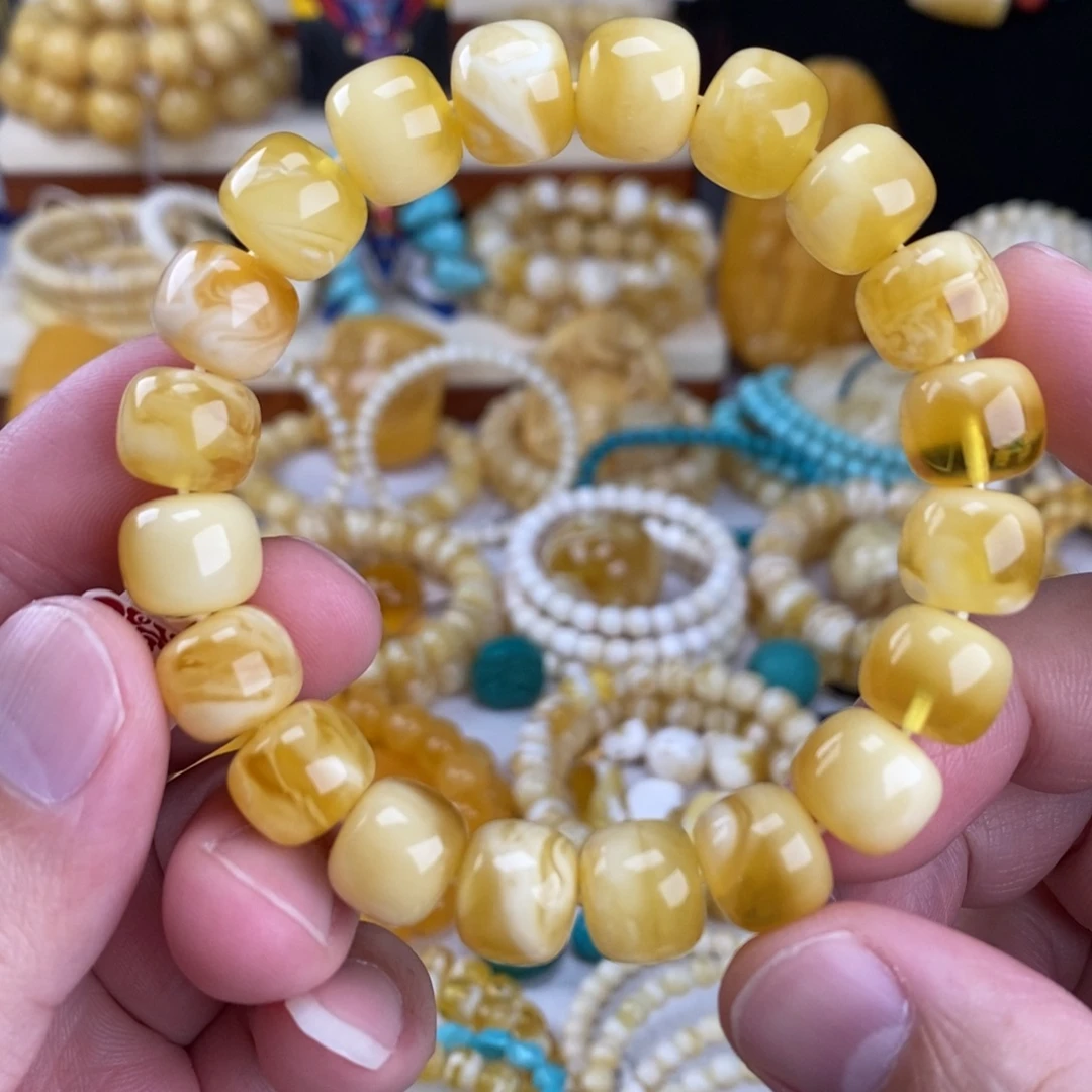 蜜蜡未镶嵌手链金瓷白妖花12mm