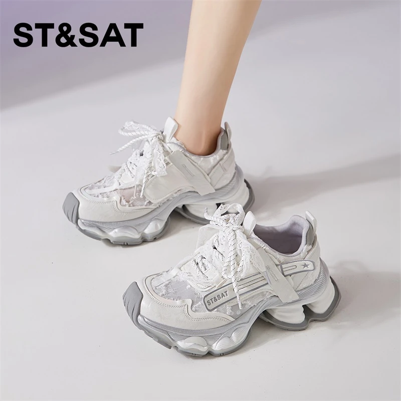 星期六蕾丝透气老爹鞋女款2025夏季新款网面透气休闲鞋厚底运动鞋