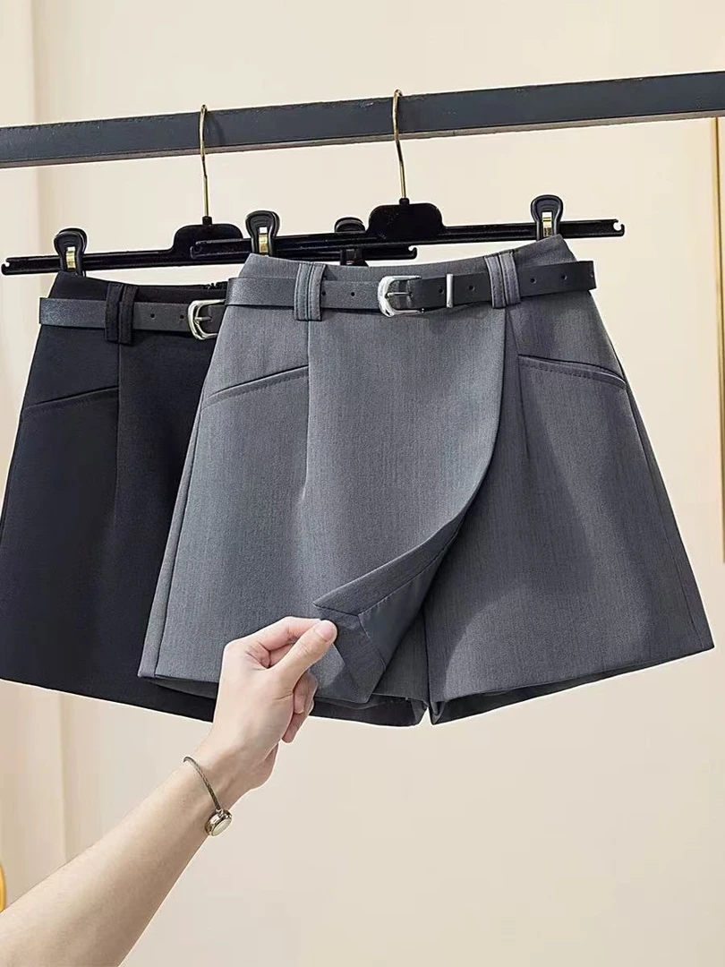 2025新款夏季高腰短裤百搭不规则A字阔腿小个子西装裤裙女