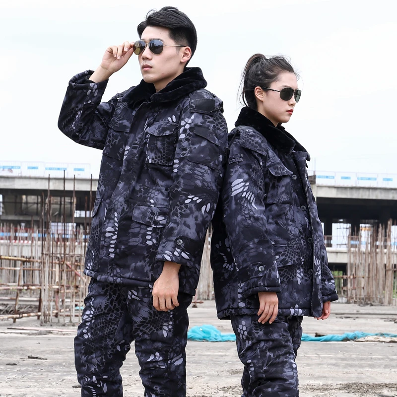 冬季寒区棉大衣户外加厚保暖中长款可拆卸迷彩加绒防寒耐磨劳保棉