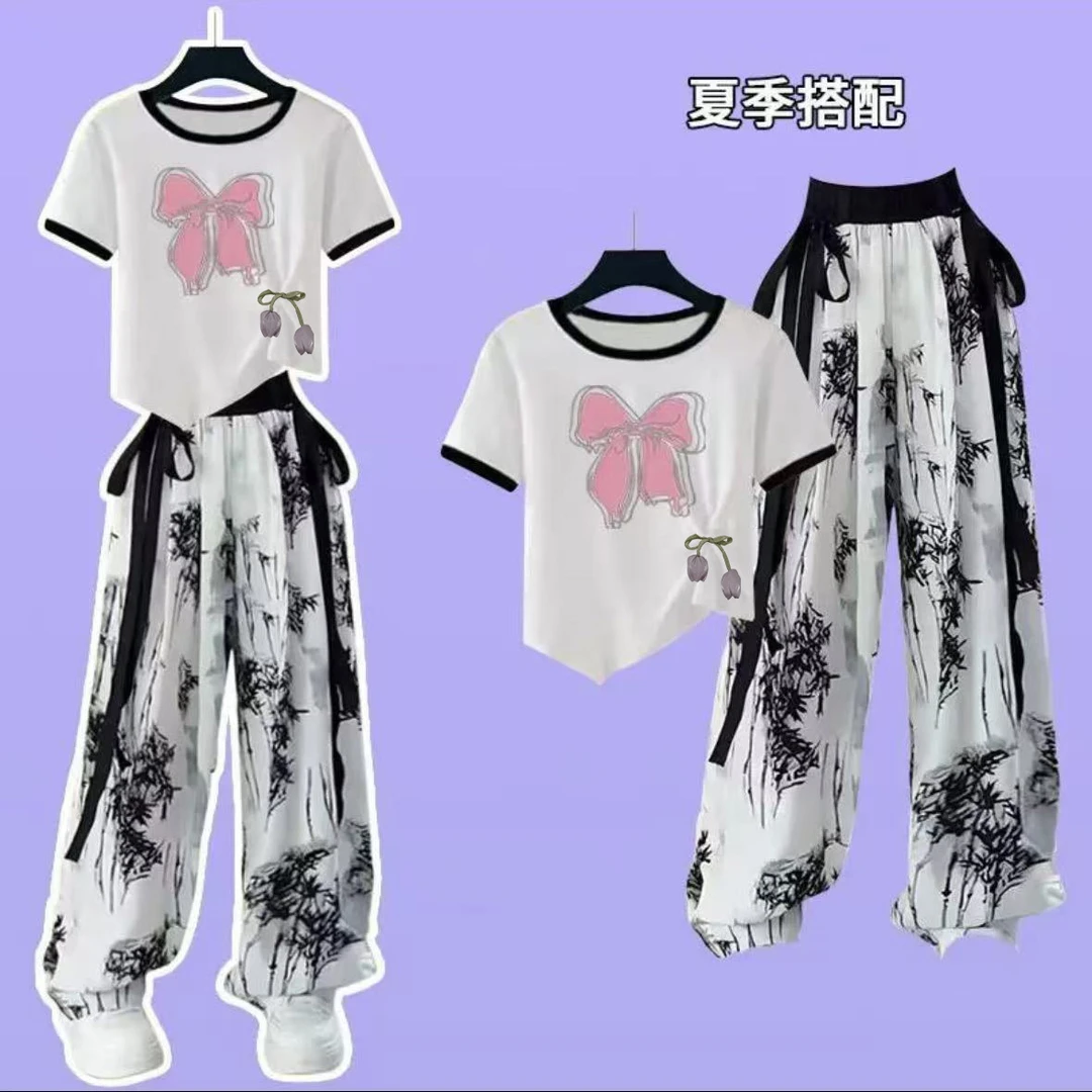 女童薄款夏季复古文艺女孩套装夏季水墨画休闲裤高腰长裤套装