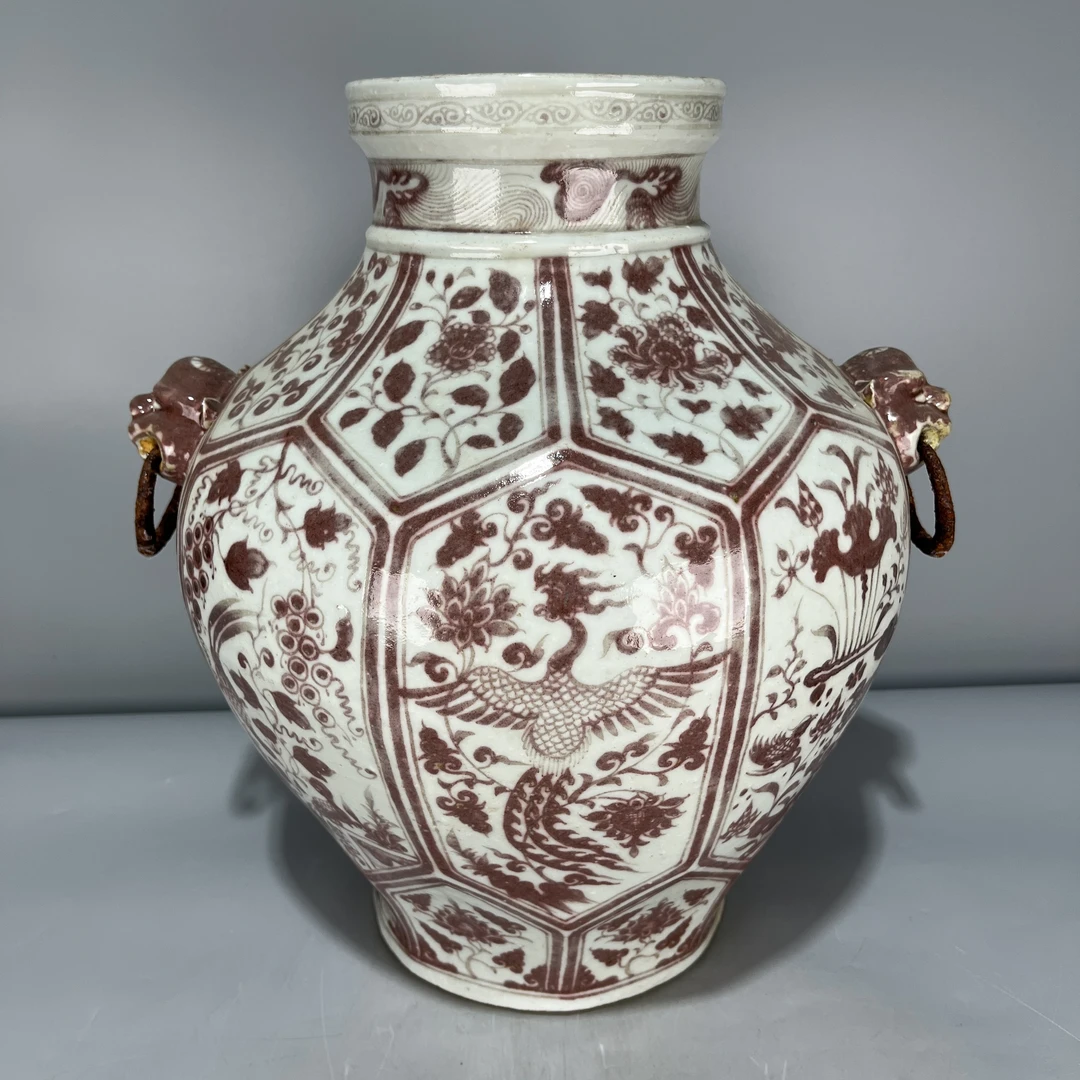 当代仿制 仿古釉里红缠枝开窗鸳鸯凤纹狗头罐
