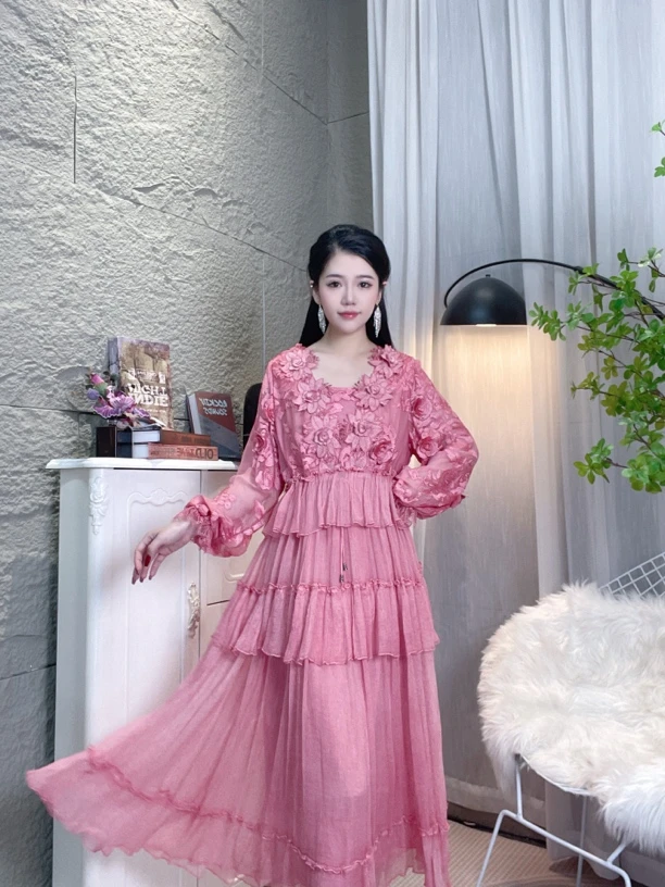 Bikamo/2025气质连衣裙真丝长裙收腰设计超美时尚D0275粉色