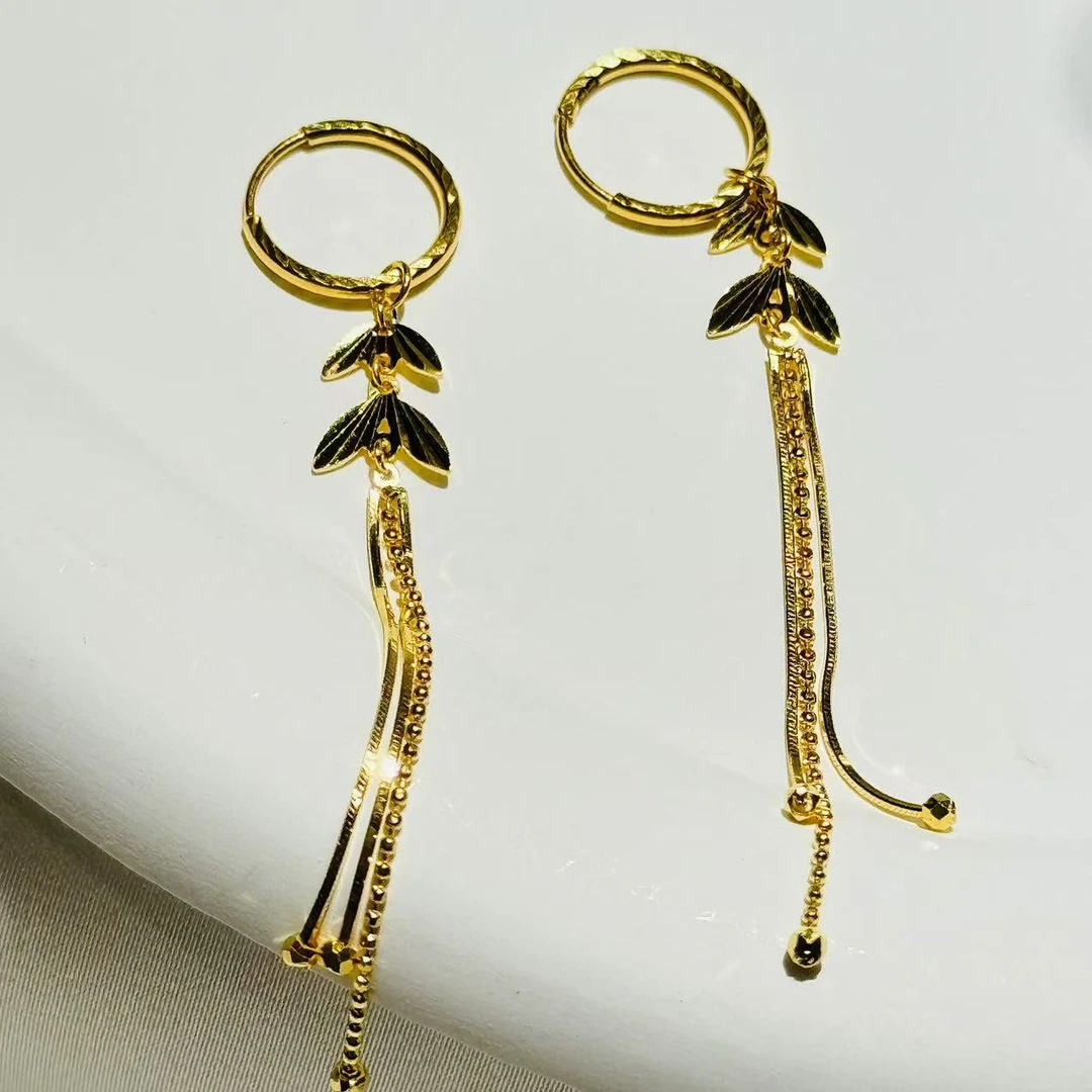 黄金足金999车花鱼尾流苏耳环