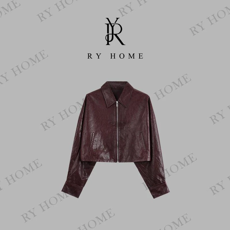 【容雨RYHOME】100绵羊皮＋植鞣油蜡龟裂纹工艺皮衣外套243W1829