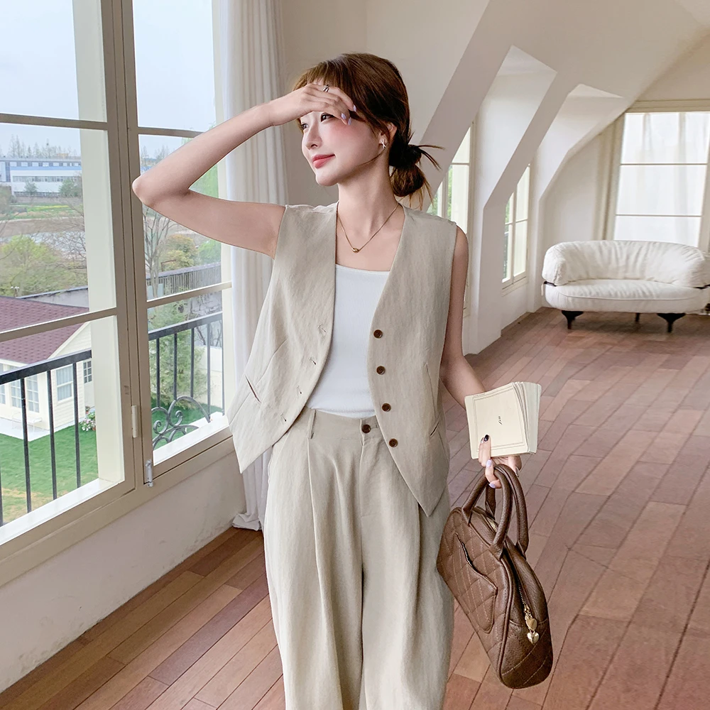 韩系气质慵懒松弛高级感套装女2025夏季新款无袖上衣阔腿裤两件套