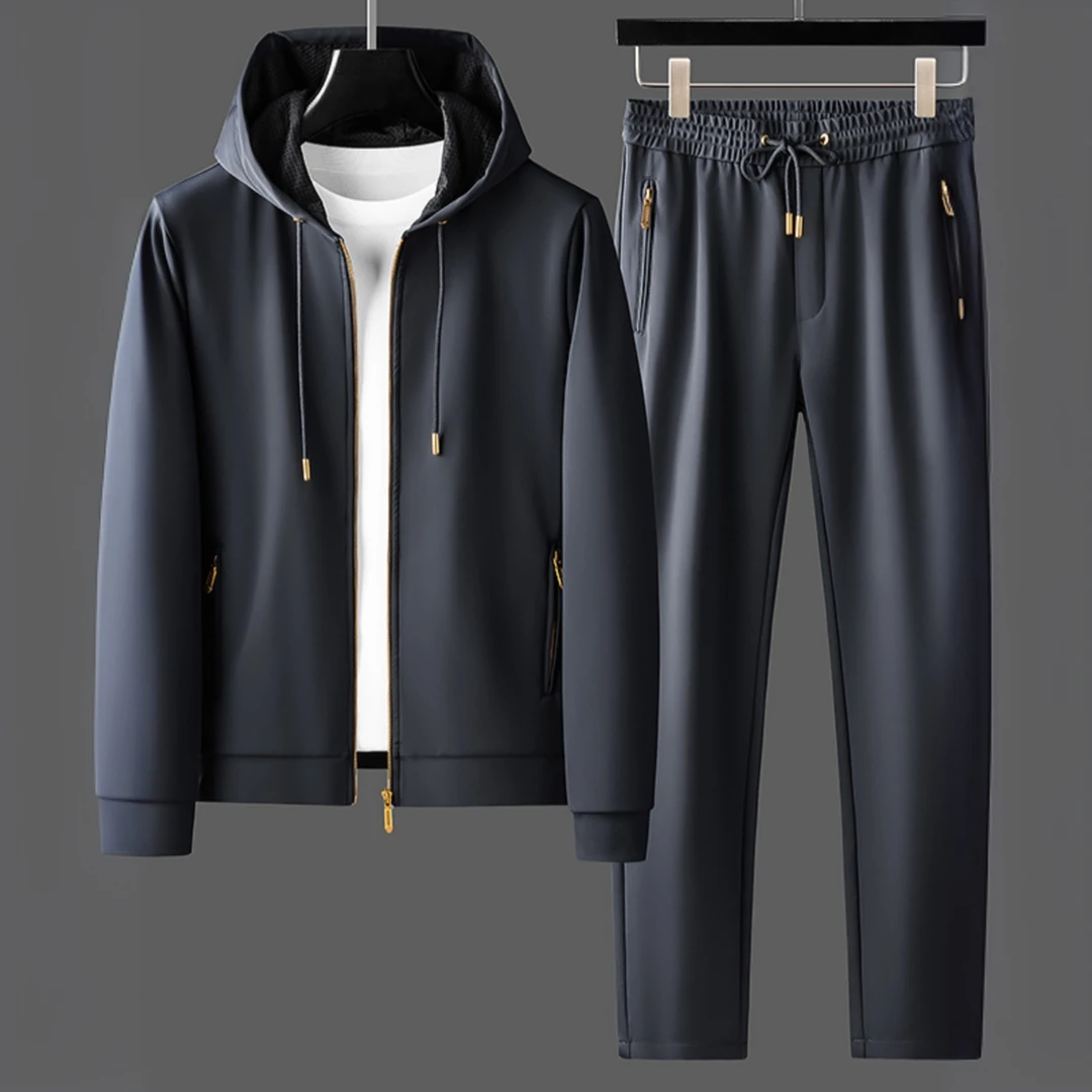 希敦纽勒春秋季丝滑抗皱四面弹力长袖卫衣两件套男连帽休闲套装