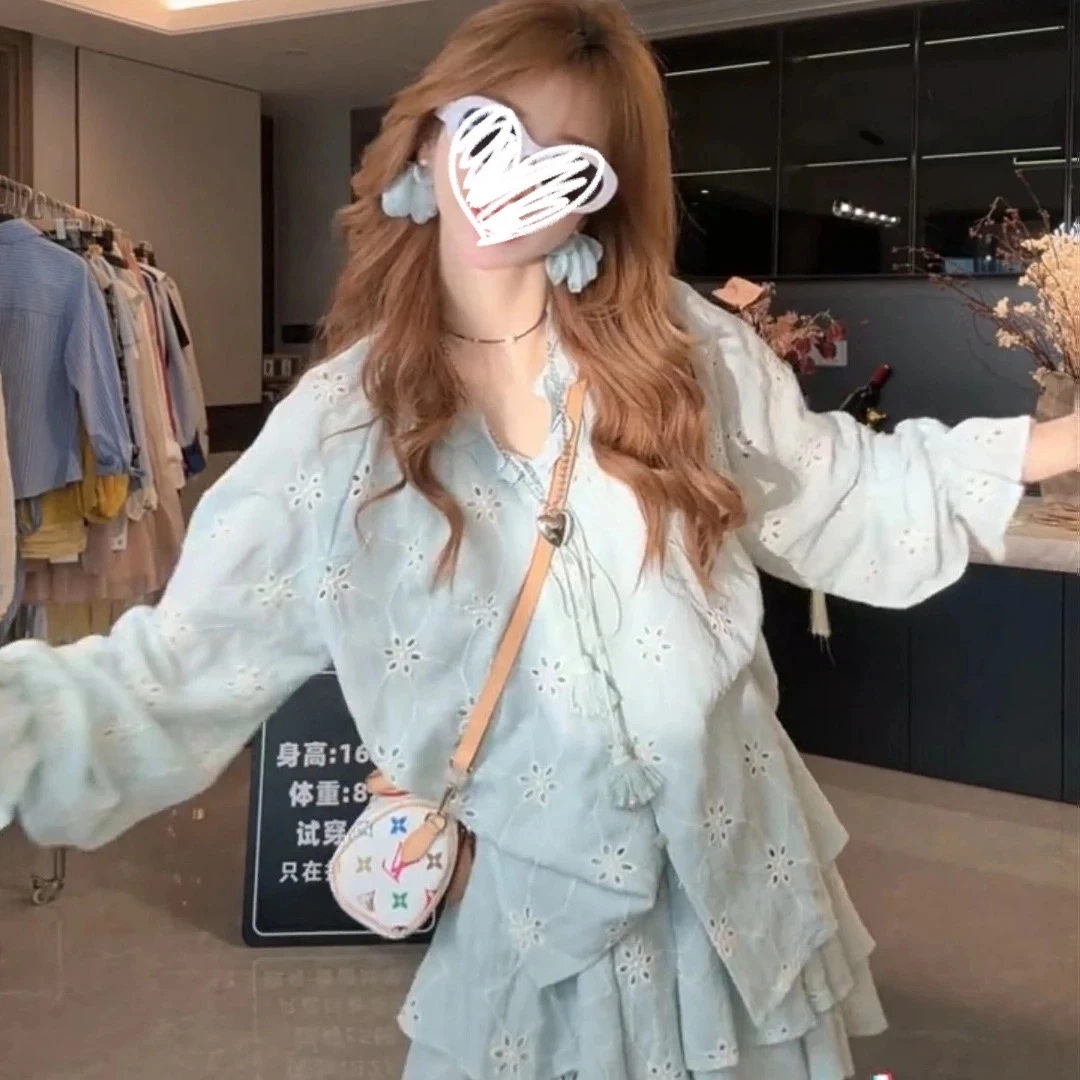 衬衫+半身裙”温柔风花边系带重工刺绣碎花长袖短裙两件套