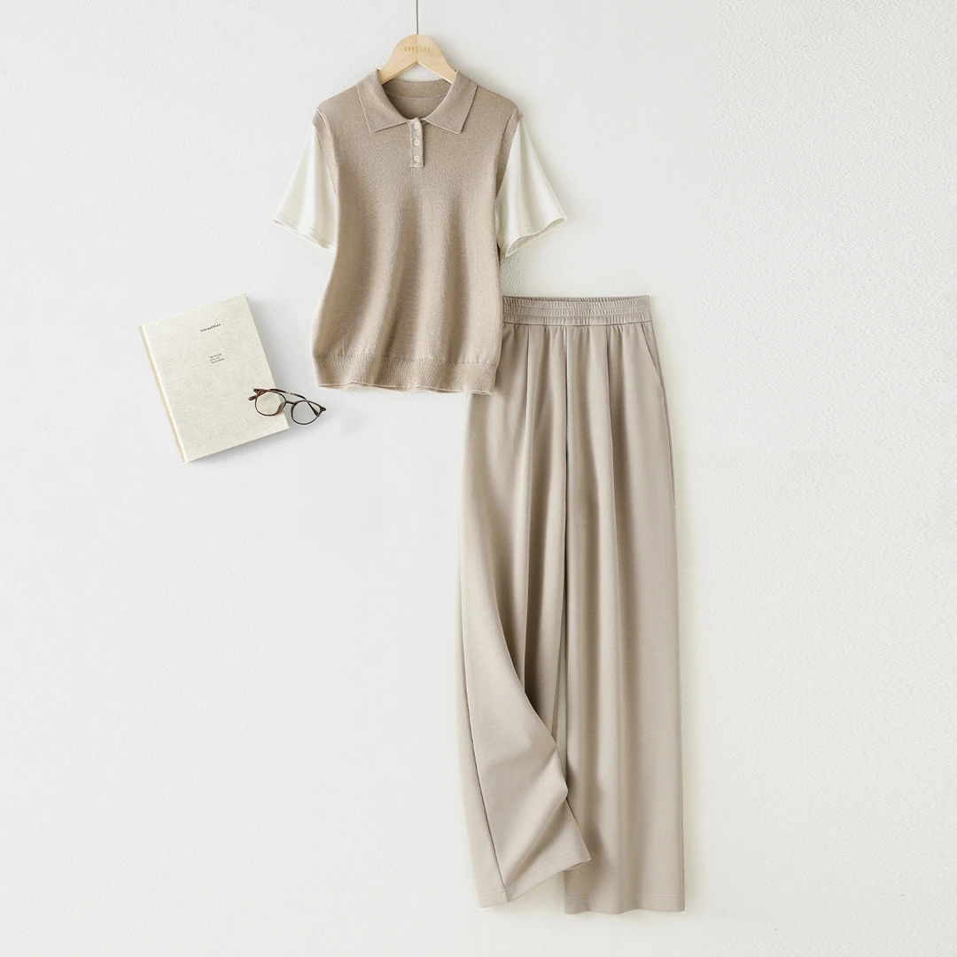 IHIMI/海谧2025年春季新款女装气质简约针织上衣阔腿卫裤两件套装