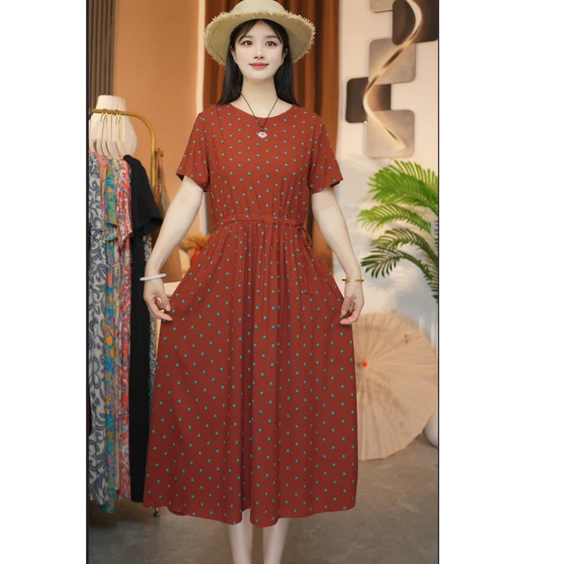 【落日红】夏季棉绸裙子新款时尚短袖系带大码宽松中长款连衣裙