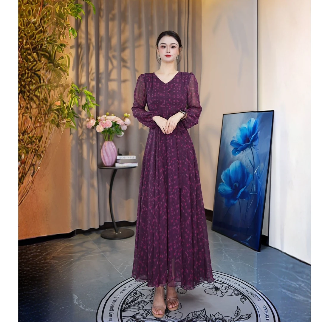 新秋款连衣裙长袖大摆裙长裙红格纹Q012-250A（长袖款）