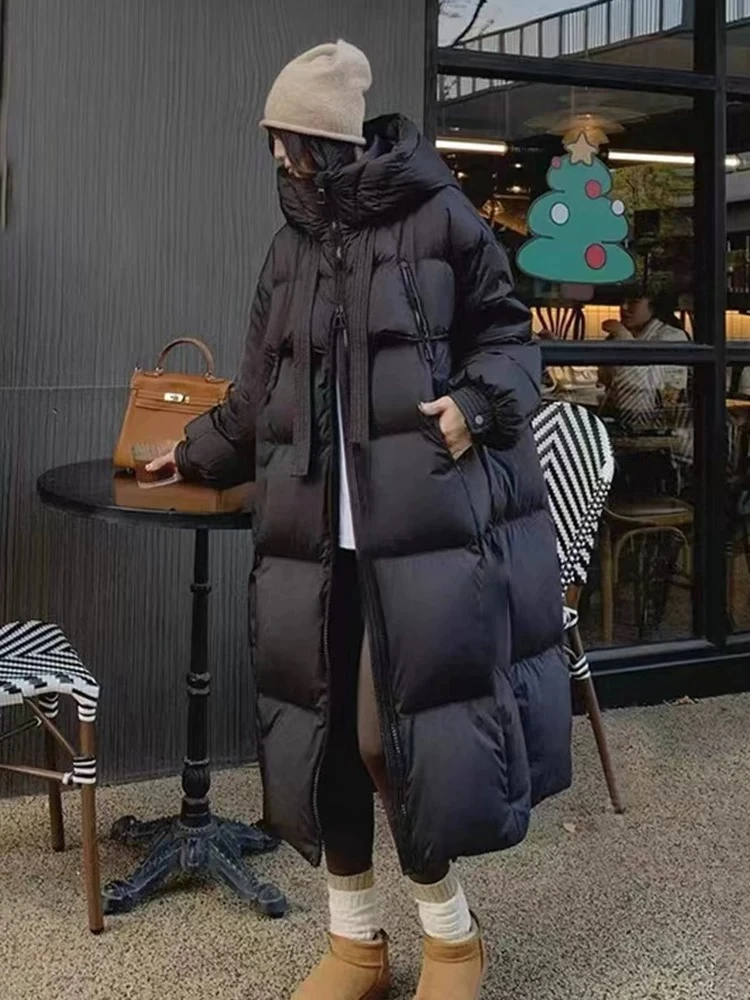 运费险+现货羽绒服反季女长款连帽飘带过膝保暖外套