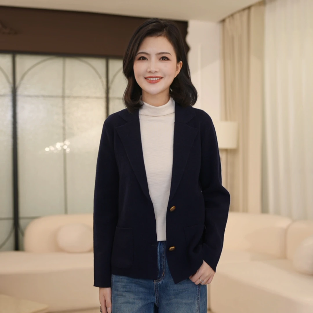 枫竺阿楠anan四平针全羊毛气质干练翻领针织西装开衫女秋季外套