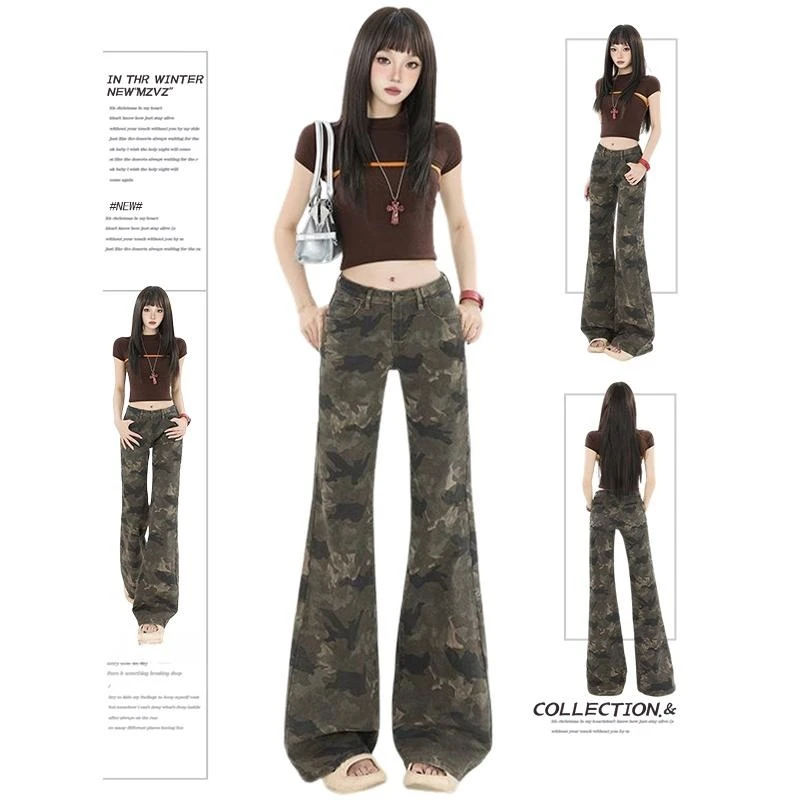 美式vibe复古迷彩微喇牛仔裤阔腿裤女低腰宽松显瘦喇叭裤