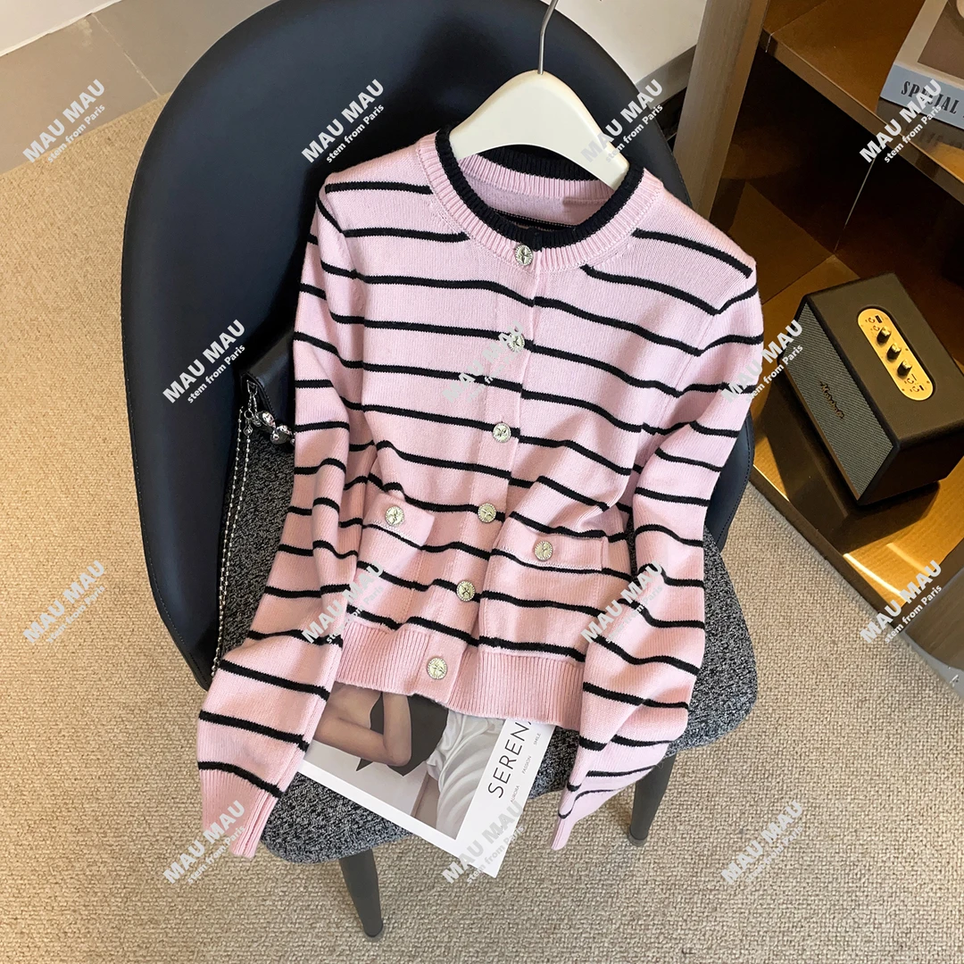 轻奢高端女装25秋季法式甜美温柔风条纹宽松毛针织开衫上衣DY8632