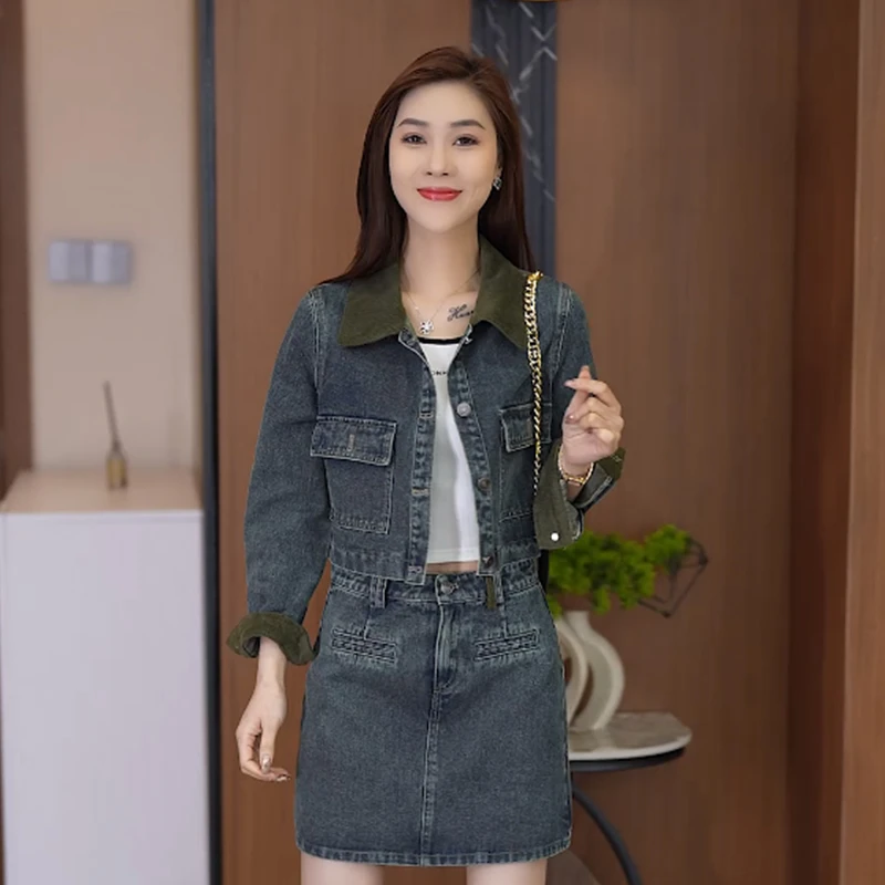 时尚牛仔套装女2025春季新款洋气减龄气质外套百搭半身裙两件套