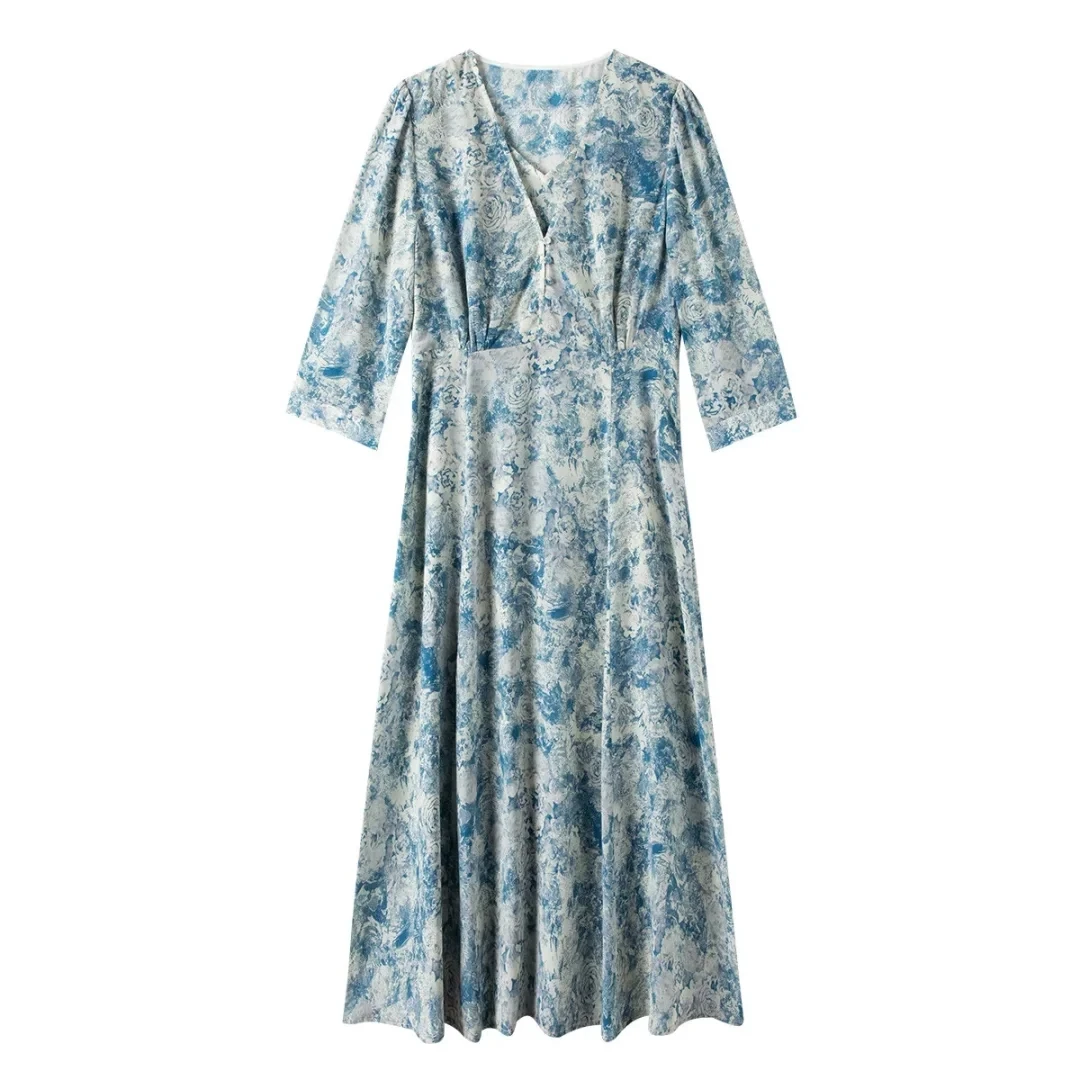 【100%桑蚕丝】田园风清新印花收腰V领七分袖A字裙真丝连衣裙 3377