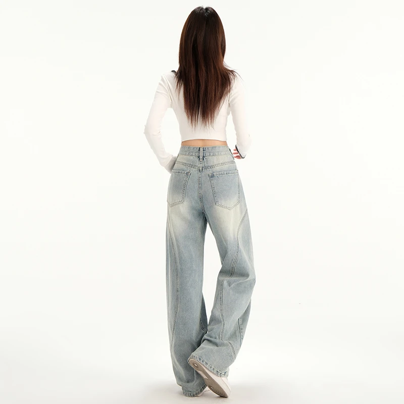 2025春秋新货美式街头拼接弯刀设计长裤宽松阔腿牛仔裤子