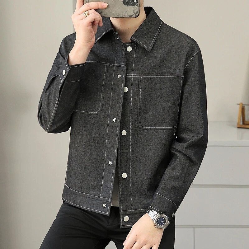 春款缉明线工装翻领夹克棉质仿牛仔宽松休闲薄款春秋外套