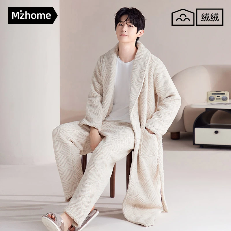 睡袍男士秋季珊瑚绒加厚加绒珊瑚绒睡衣浴袍长款家居服秋冬情侣