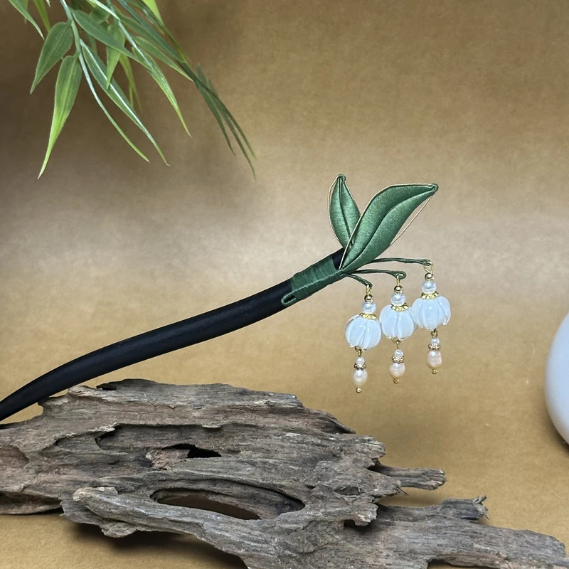 S035玉林兰手工非遗绒花中式古风百搭日常18公分檀木发簪