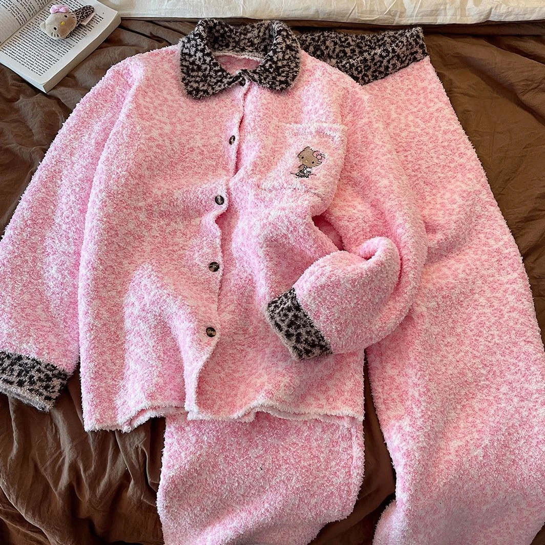 2025冬季新款粉色豹纹针织半边绒睡衣女大码家居服套装可出门冬天