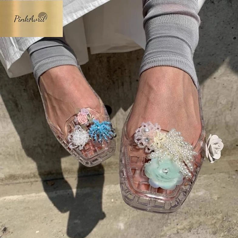 PinkAvril25年夏季新款果冻彩色珠花装饰凉鞋小众方头浅口透明镂