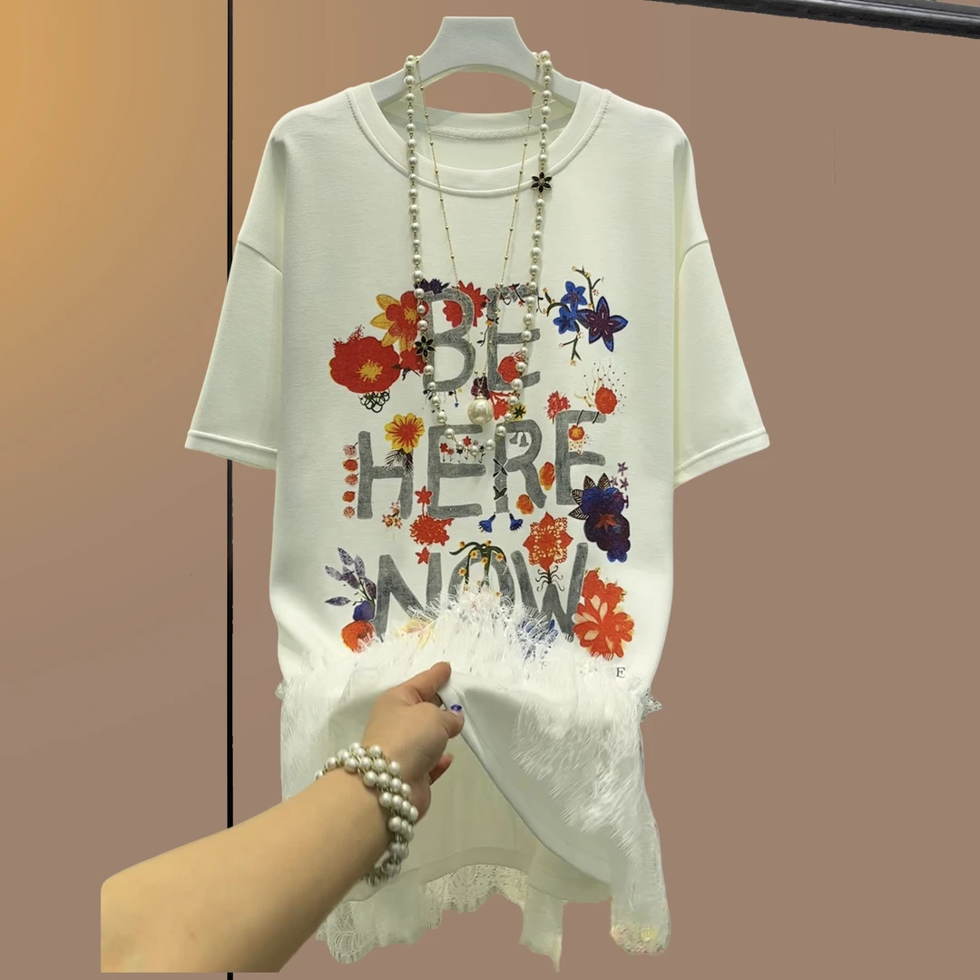 夏季大码女装胖妹妹遮肉显瘦宽松短袖半袖大衫圆领蕾丝拼接圆领白