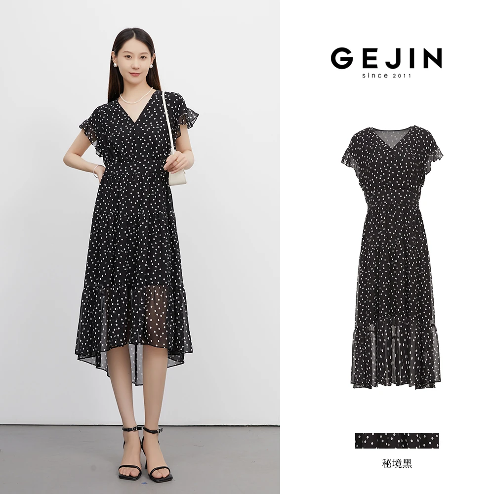 GEJIN/歌锦夏季V领波点小黑裙时尚法式优雅显瘦连衣裙GJ22552576