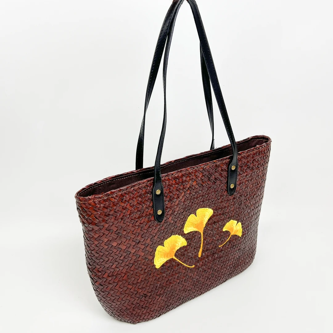 田园风纯手工编织草编包文艺简约编织包小众高级感绣花单肩女士包