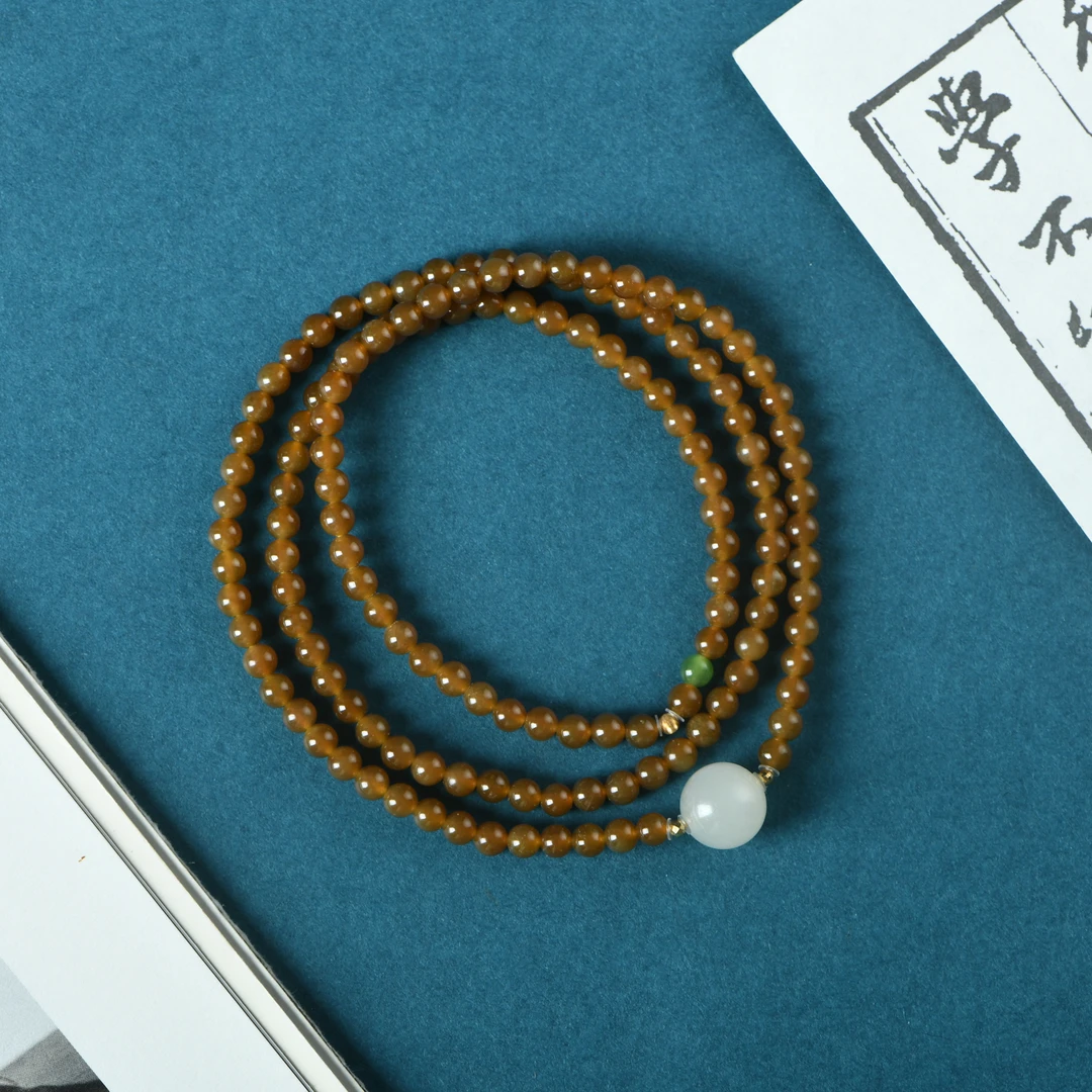 和田玉糖玉0.4藕粉丹珠多圈手链（18K金配饰）