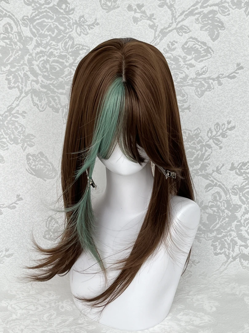 【薄荷生巧】鞠婧祎同款免发网薄荷绿挑染棕高层次齐刘海中长发