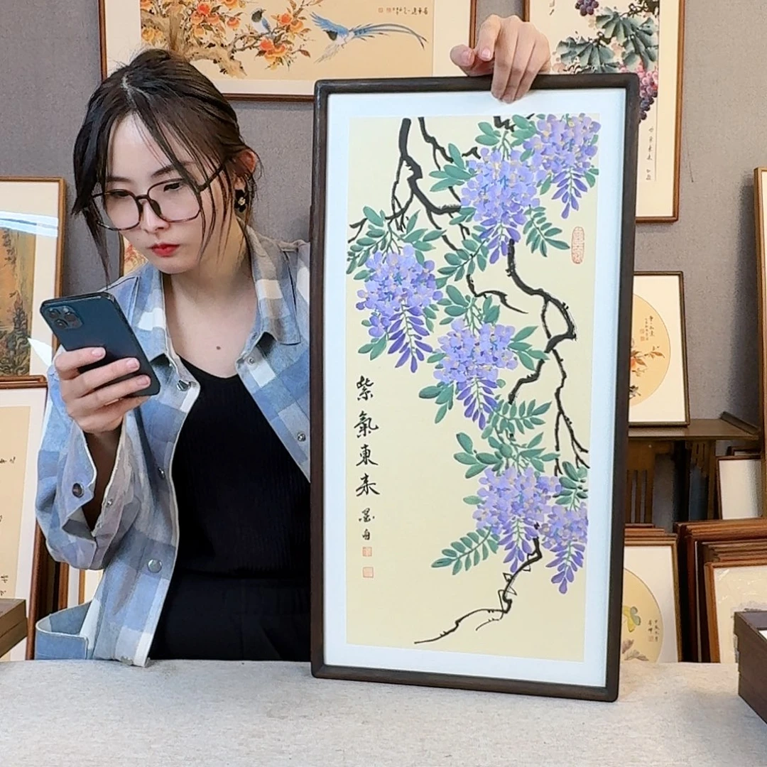 国画纯手绘，纯手写带框尺寸：36×69厘米